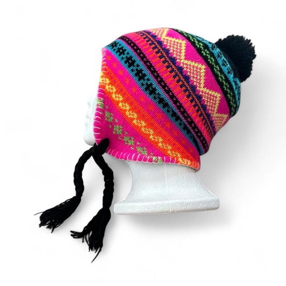 pop Black Pom-Pom Earflap Hat with Bright Pink, Blue, Green and Yellow Pattern - Picture 8 of 8